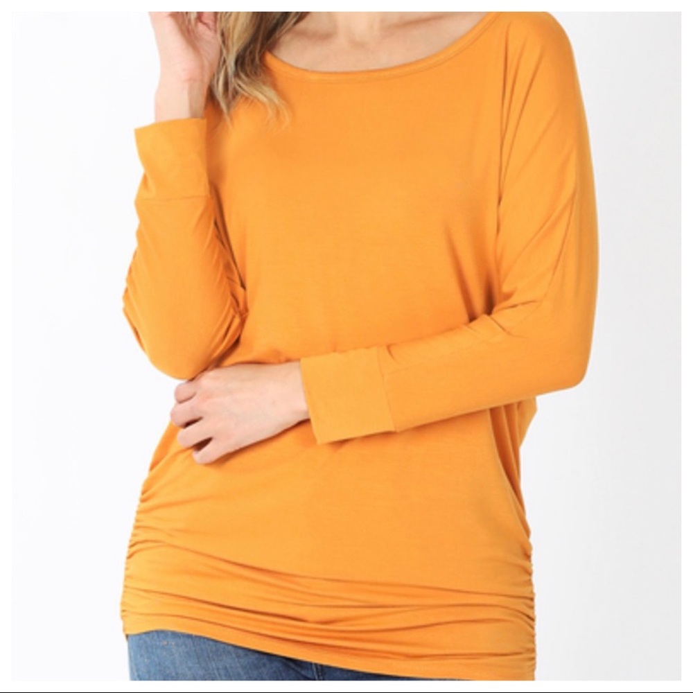 MUSTARD DOLMAN BOATNECK 3/4 SLEEVES TUNIC TOP - Picture 4 of 4